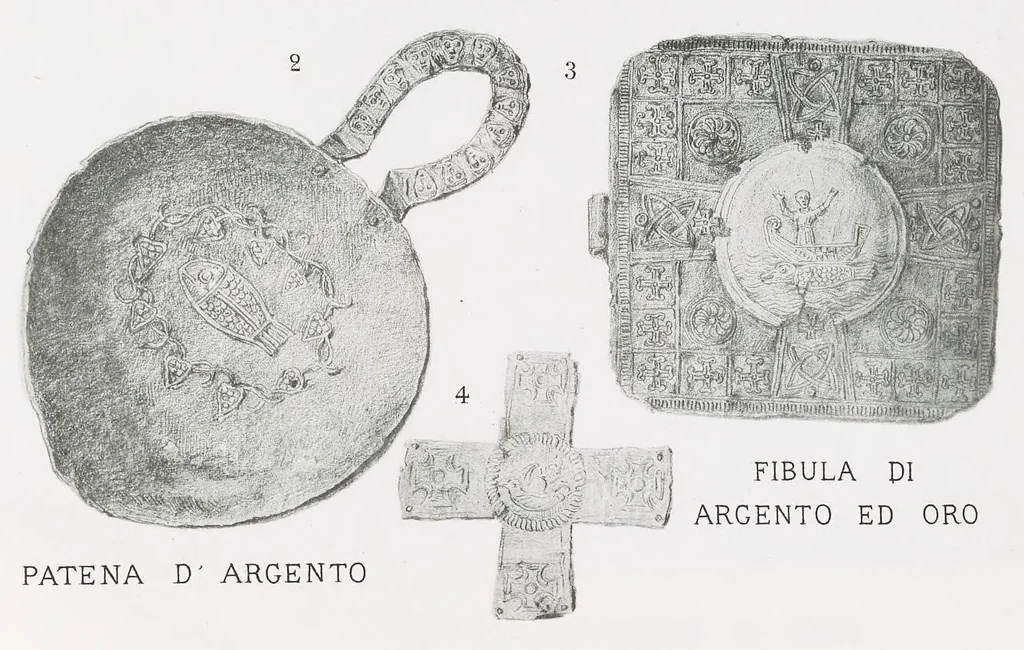 An illustration from Commenti sopra suppellettili sacre di argento ed oro appartenute ai primissimi secoli della chiesa : pubblicati gia il 1o gennaio 1888 pel faustissimo giorno del sacerdotale giubileo di papa Leone XIII e dedicati ai cultori di archeologia cristiana, 1890, leaf 56