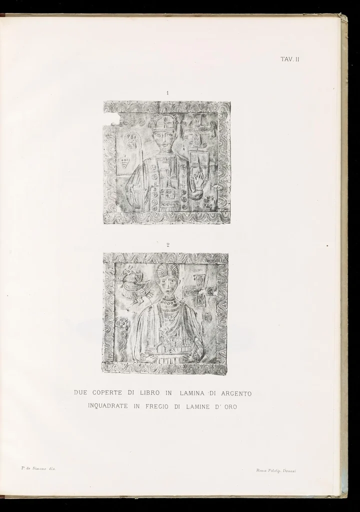 An illustration from Commenti sopra suppellettili sacre di argento ed oro appartenute ai primissimi secoli della chiesa : pubblicati gia il 1o gennaio 1888 pel faustissimo giorno del sacerdotale giubileo di papa Leone XIII e dedicati ai cultori di archeologia cristiana, 1890, leaf 8