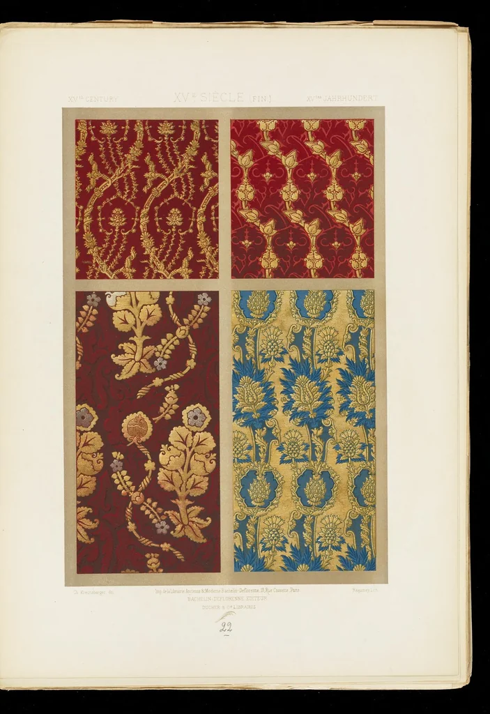 An illustration from L'art, la décoration et l'ornement des étoffes et des tissus chez les anciens et chez les modernes. Recueil historique, pratique et technique de décorations polychromes, 1870, leaf 134