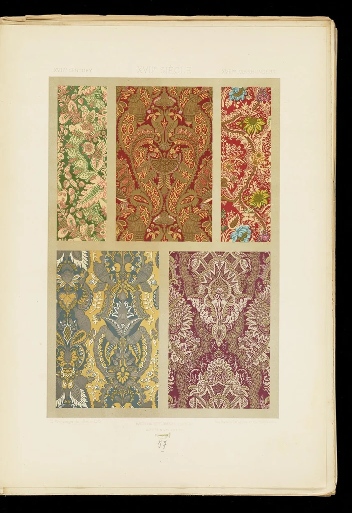 An illustration from L'art, la décoration et l'ornement des étoffes et des tissus chez les anciens et chez les modernes. Recueil historique, pratique et technique de décorations polychromes, 1870, leaf 274
