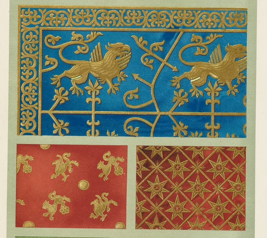 An illustration from L'art, la décoration et l'ornement des étoffes et des tissus chez les anciens et chez les modernes. Recueil historique, pratique et technique de décorations polychromes, 1870, leaf 384
