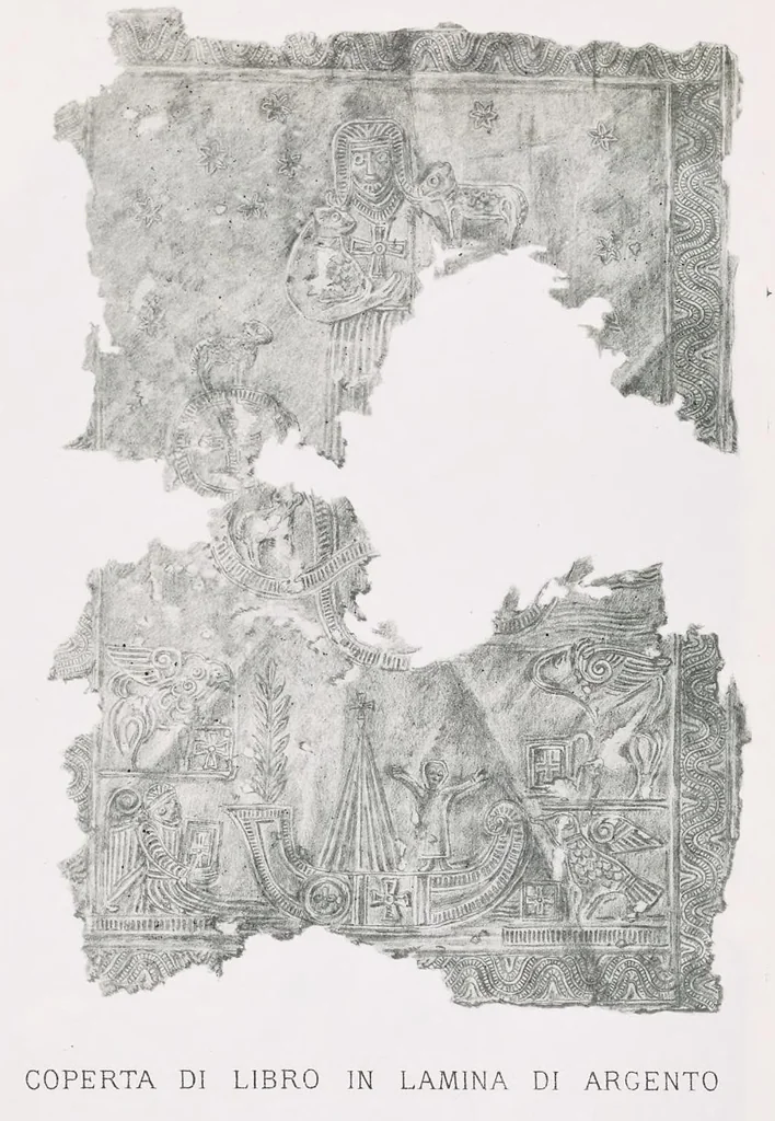 An illustration from Commenti sopra suppellettili sacre di argento ed oro appartenute ai primissimi secoli della chiesa : pubblicati gia il 1o gennaio 1888 pel faustissimo giorno del sacerdotale giubileo di papa Leone XIII e dedicati ai cultori di archeologia cristiana, 1890, leaf 12