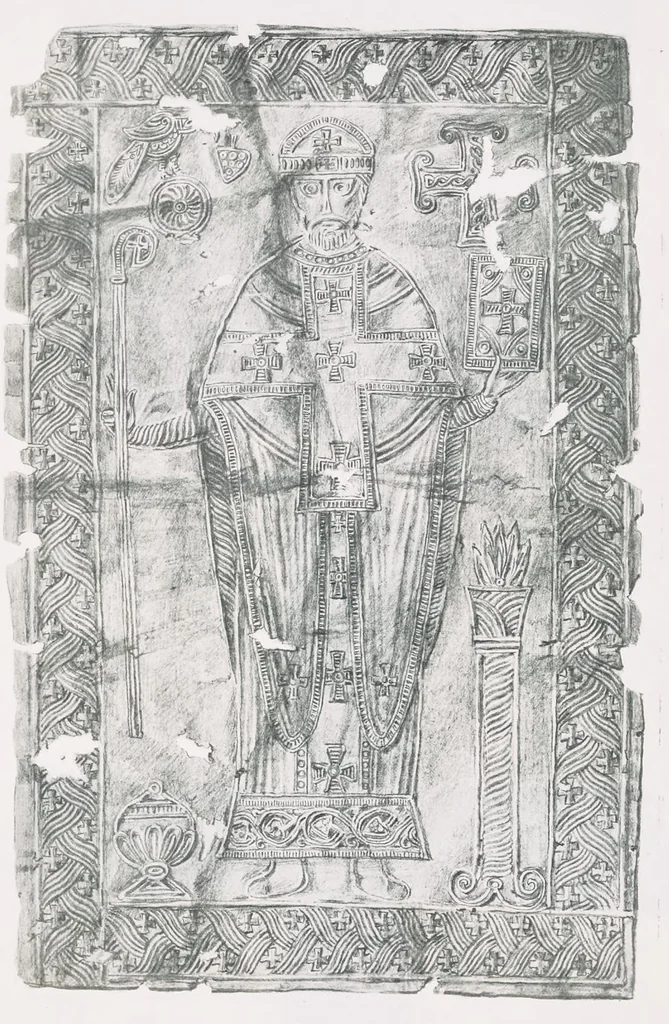 An illustration from Commenti sopra suppellettili sacre di argento ed oro appartenute ai primissimi secoli della chiesa : pubblicati gia il 1o gennaio 1888 pel faustissimo giorno del sacerdotale giubileo di papa Leone XIII e dedicati ai cultori di archeologia cristiana, 1890, leaf 14