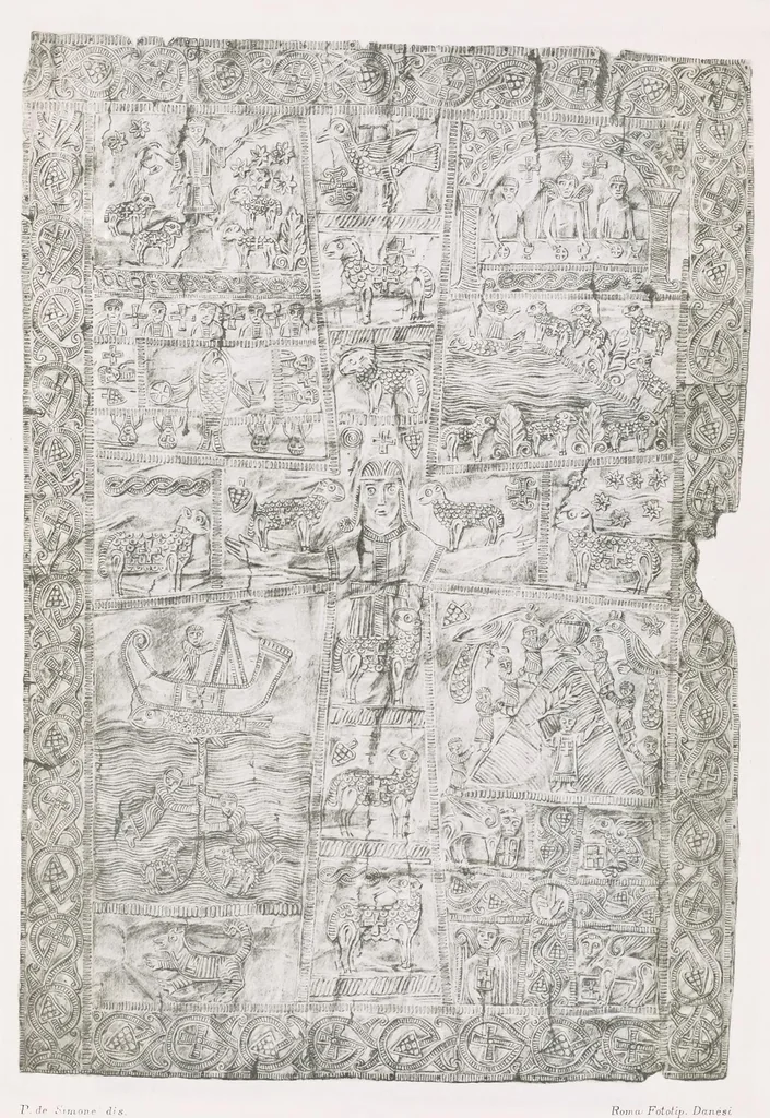 An illustration from Commenti sopra suppellettili sacre di argento ed oro appartenute ai primissimi secoli della chiesa : pubblicati gia il 1o gennaio 1888 pel faustissimo giorno del sacerdotale giubileo di papa Leone XIII e dedicati ai cultori di archeologia cristiana, 1890, leaf 18