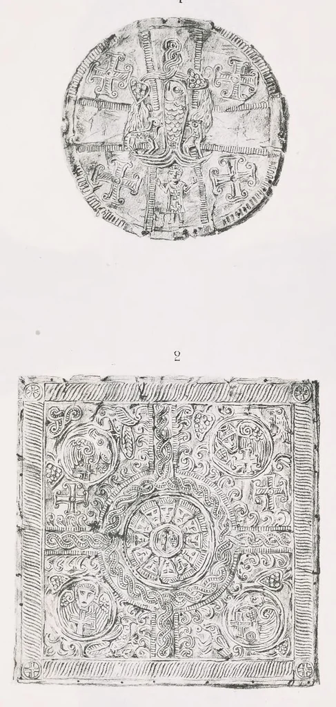 An illustration from Commenti sopra suppellettili sacre di argento ed oro appartenute ai primissimi secoli della chiesa : pubblicati gia il 1o gennaio 1888 pel faustissimo giorno del sacerdotale giubileo di papa Leone XIII e dedicati ai cultori di archeologia cristiana, 1890, leaf 42