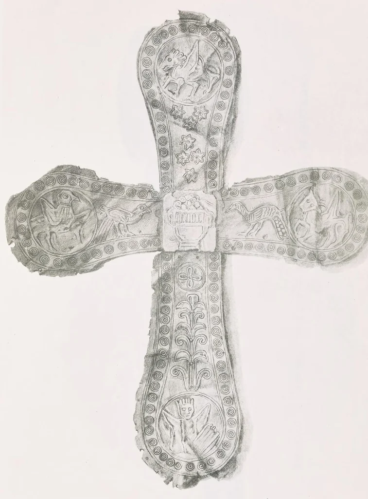 An illustration from Commenti sopra suppellettili sacre di argento ed oro appartenute ai primissimi secoli della chiesa : pubblicati gia il 1o gennaio 1888 pel faustissimo giorno del sacerdotale giubileo di papa Leone XIII e dedicati ai cultori di archeologia cristiana, 1890, leaf 44