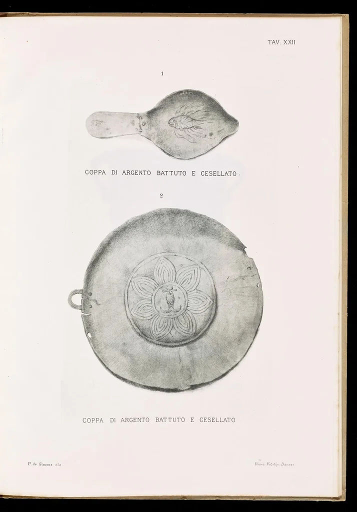 An illustration from Commenti sopra suppellettili sacre di argento ed oro appartenute ai primissimi secoli della chiesa : pubblicati gia il 1o gennaio 1888 pel faustissimo giorno del sacerdotale giubileo di papa Leone XIII e dedicati ai cultori di archeologia cristiana, 1890, leaf 48