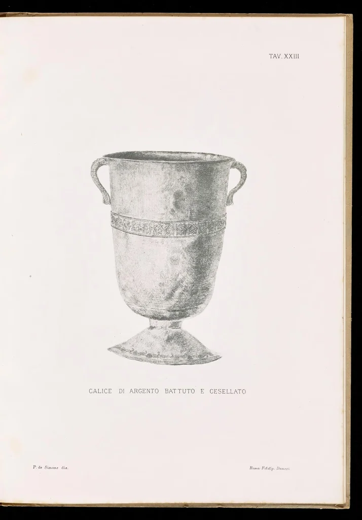 An illustration from Commenti sopra suppellettili sacre di argento ed oro appartenute ai primissimi secoli della chiesa : pubblicati gia il 1o gennaio 1888 pel faustissimo giorno del sacerdotale giubileo di papa Leone XIII e dedicati ai cultori di archeologia cristiana, 1890, leaf 50