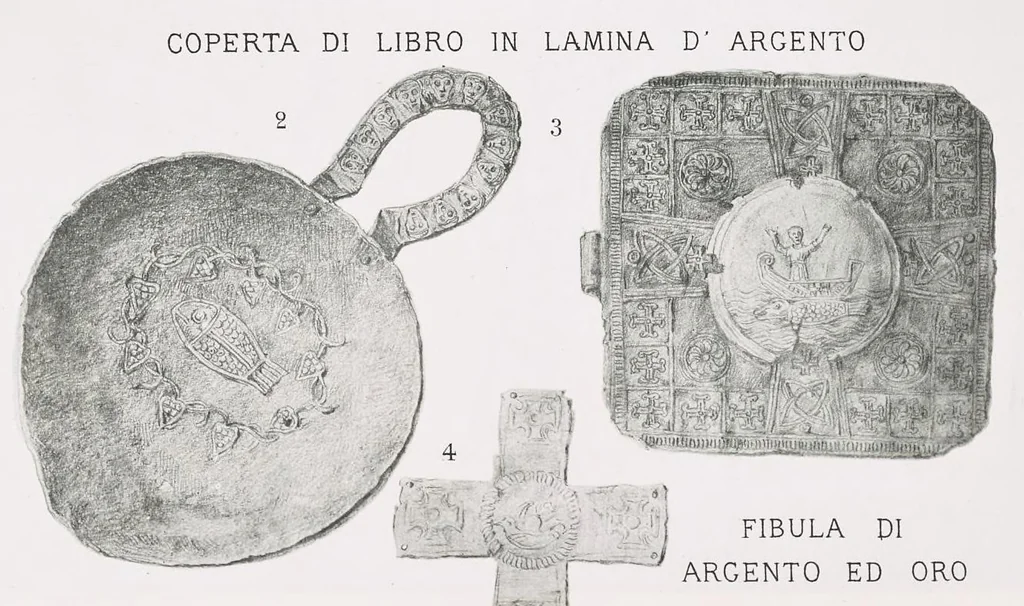 An illustration from Commenti sopra suppellettili sacre di argento ed oro appartenute ai primissimi secoli della chiesa : pubblicati gia il 1o gennaio 1888 pel faustissimo giorno del sacerdotale giubileo di papa Leone XIII e dedicati ai cultori di archeologia cristiana, 1890, leaf 56