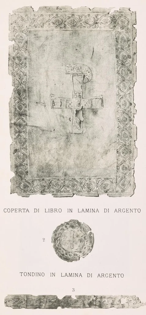 An illustration from Commenti sopra suppellettili sacre di argento ed oro appartenute ai primissimi secoli della chiesa : pubblicati gia il 1o gennaio 1888 pel faustissimo giorno del sacerdotale giubileo di papa Leone XIII e dedicati ai cultori di archeologia cristiana, 1890, leaf 6