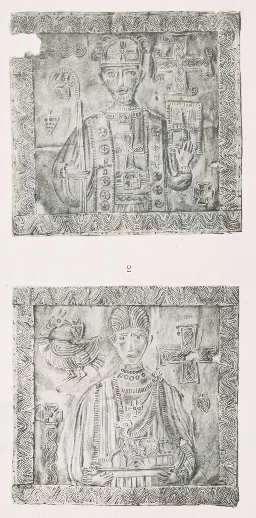 An illustration from Commenti sopra suppellettili sacre di argento ed oro appartenute ai primissimi secoli della chiesa : pubblicati gia il 1o gennaio 1888 pel faustissimo giorno del sacerdotale giubileo di papa Leone XIII e dedicati ai cultori di archeologia cristiana, 1890, leaf 8