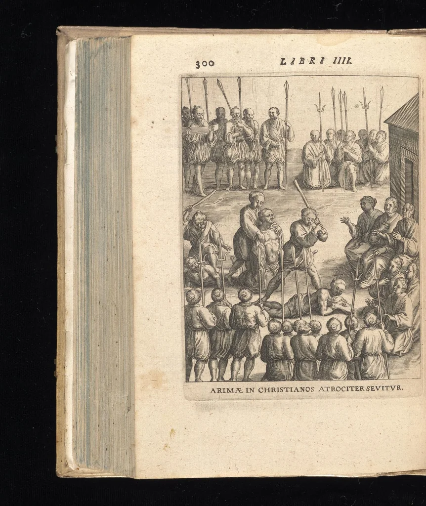 An illustration from De Christianis apud Iaponios Triumphis, siue, De grauissima ibidem contra Christi fidem persecutione exorta anno MDCXII usq[ue] ad annum MDCXX. libri quinq[ue] : in annos totidem summa cum fide ex annuis Societatis Iesu litteris continua historiae serie distributi, 1623, leaf 321