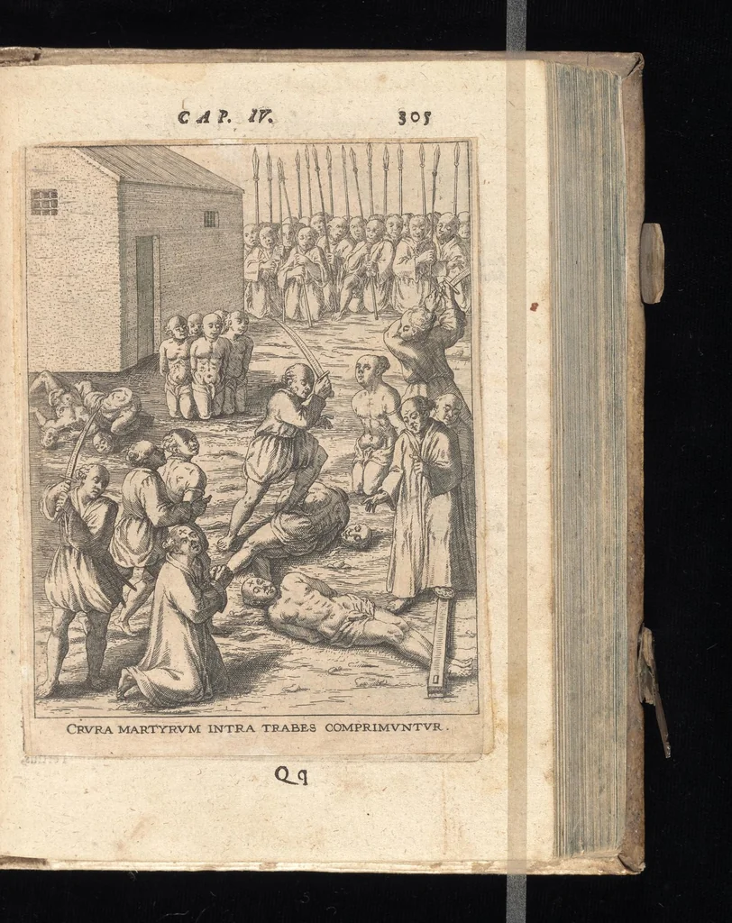 An illustration from De Christianis apud Iaponios Triumphis, siue, De grauissima ibidem contra Christi fidem persecutione exorta anno MDCXII usq[ue] ad annum MDCXX. libri quinq[ue] : in annos totidem summa cum fide ex annuis Societatis Iesu litteris continua historiae serie distributi, 1623, leaf 326