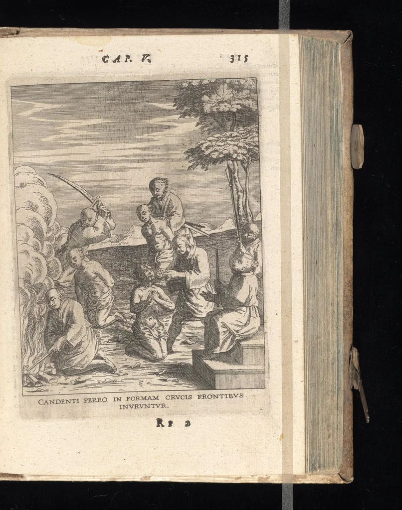 An illustration from De Christianis apud Iaponios Triumphis, siue, De grauissima ibidem contra Christi fidem persecutione exorta anno MDCXII usq[ue] ad annum MDCXX. libri quinq[ue] : in annos totidem summa cum fide ex annuis Societatis Iesu litteris continua historiae serie distributi, 1623, leaf 336