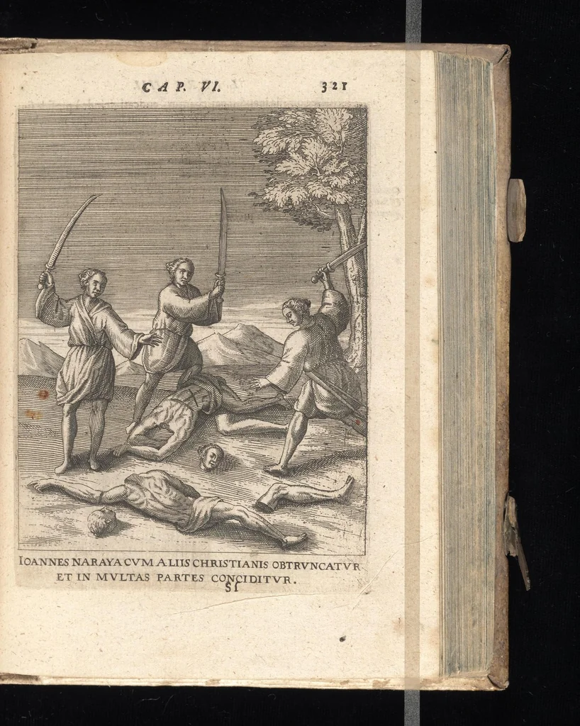 An illustration from De Christianis apud Iaponios Triumphis, siue, De grauissima ibidem contra Christi fidem persecutione exorta anno MDCXII usq[ue] ad annum MDCXX. libri quinq[ue] : in annos totidem summa cum fide ex annuis Societatis Iesu litteris continua historiae serie distributi, 1623, leaf 342