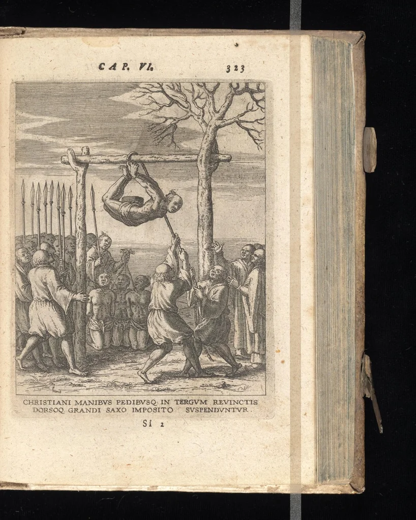 An illustration from De Christianis apud Iaponios Triumphis, siue, De grauissima ibidem contra Christi fidem persecutione exorta anno MDCXII usq[ue] ad annum MDCXX. libri quinq[ue] : in annos totidem summa cum fide ex annuis Societatis Iesu litteris continua historiae serie distributi, 1623, leaf 344