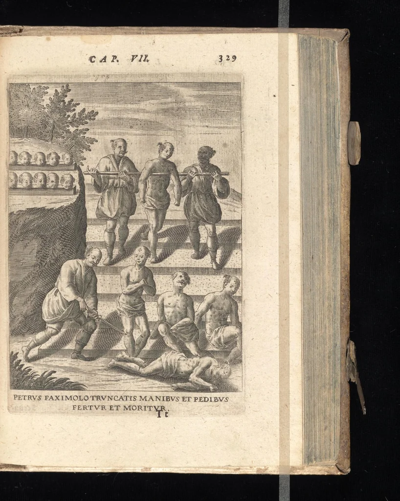 An illustration from De Christianis apud Iaponios Triumphis, siue, De grauissima ibidem contra Christi fidem persecutione exorta anno MDCXII usq[ue] ad annum MDCXX. libri quinq[ue] : in annos totidem summa cum fide ex annuis Societatis Iesu litteris continua historiae serie distributi, 1623, leaf 350