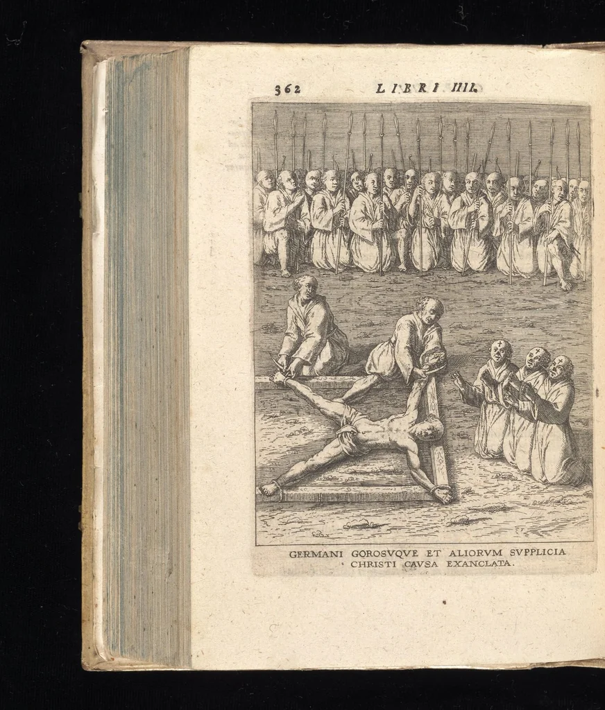 An illustration from De Christianis apud Iaponios Triumphis, siue, De grauissima ibidem contra Christi fidem persecutione exorta anno MDCXII usq[ue] ad annum MDCXX. libri quinq[ue] : in annos totidem summa cum fide ex annuis Societatis Iesu litteris continua historiae serie distributi, 1623, leaf 383