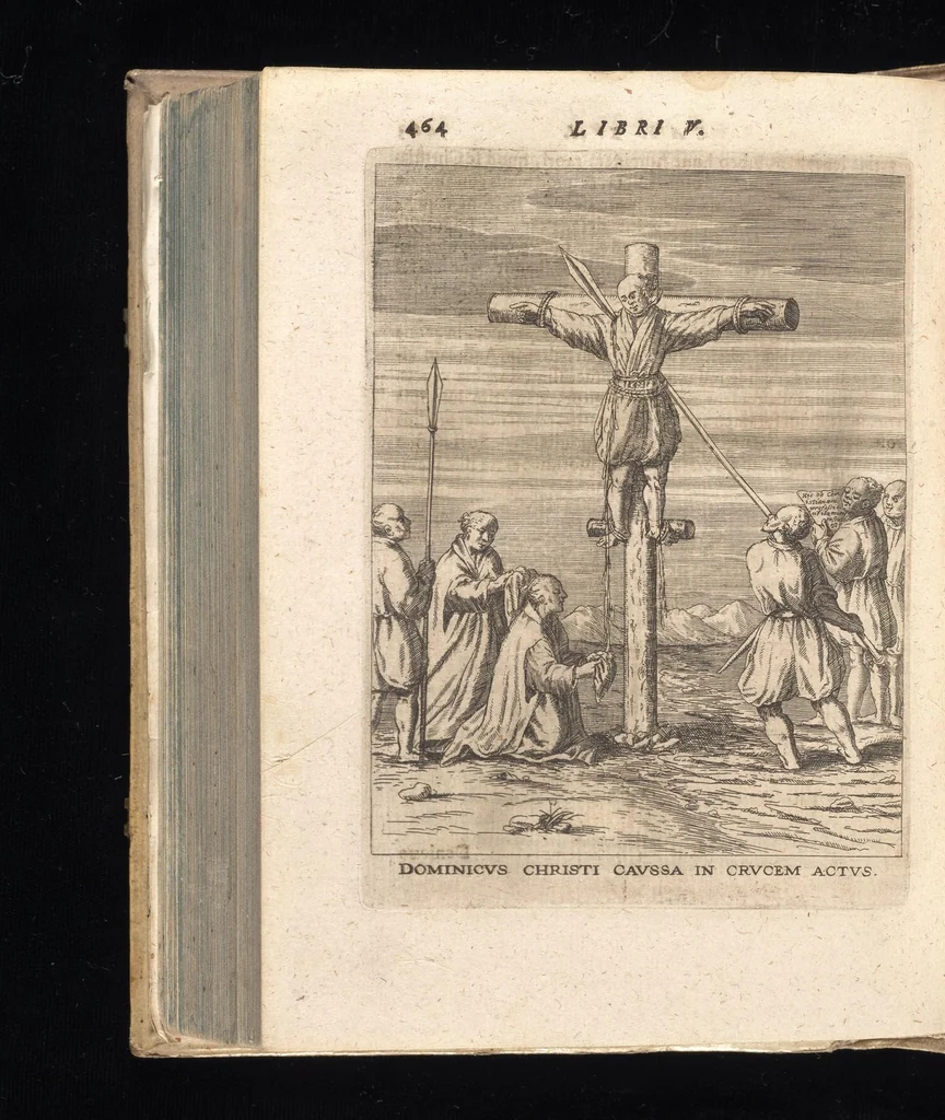 An illustration from De Christianis apud Iaponios Triumphis, siue, De grauissima ibidem contra Christi fidem persecutione exorta anno MDCXII usq[ue] ad annum MDCXX. libri quinq[ue] : in annos totidem summa cum fide ex annuis Societatis Iesu litteris continua historiae serie distributi, 1623, leaf 485