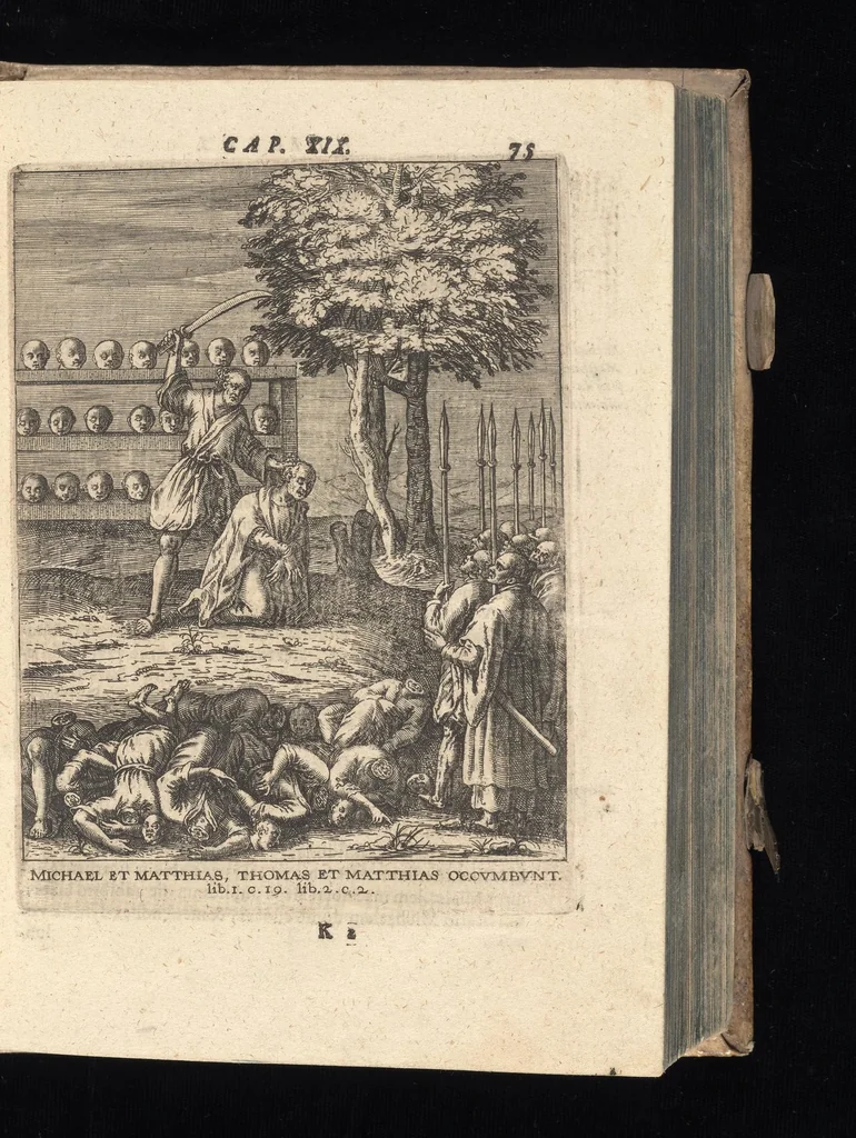 An illustration from De Christianis apud Iaponios Triumphis, siue, De grauissima ibidem contra Christi fidem persecutione exorta anno MDCXII usq[ue] ad annum MDCXX. libri quinq[ue] : in annos totidem summa cum fide ex annuis Societatis Iesu litteris continua historiae serie distributi, 1623, leaf 96