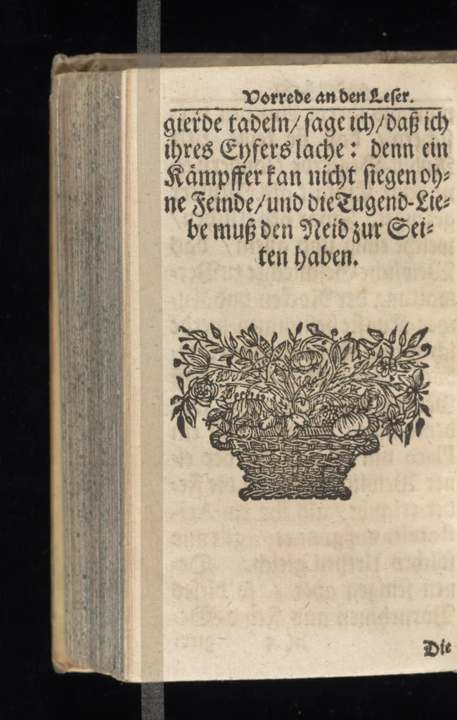 An illustration from Vernünfftige Gemühts-Beruhigung, oder, Kurze Lehr-Sätze wie die Begierden bey allen Begebenheiten vernünfftig und wol zu regieren, und die wahre Zufriedenheit zu befördern, 1684, leaf 13