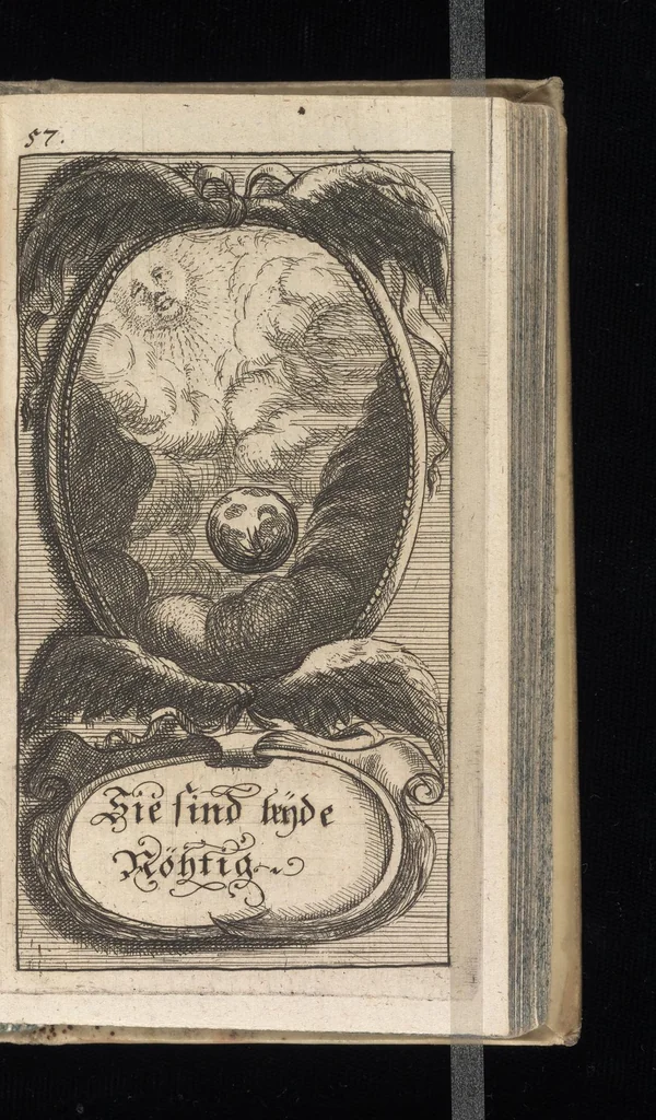 An illustration from Vernünfftige Gemühts-Beruhigung, oder, Kurze Lehr-Sätze wie die Begierden bey allen Begebenheiten vernünfftig und wol zu regieren, und die wahre Zufriedenheit zu befördern, 1684, leaf 86