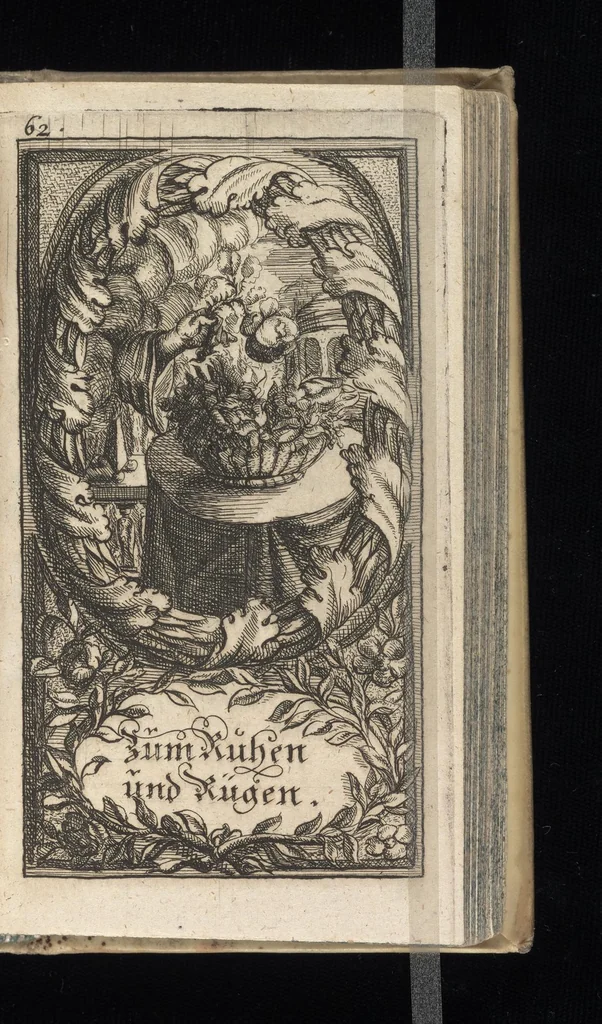 An illustration from Vernünfftige Gemühts-Beruhigung, oder, Kurze Lehr-Sätze wie die Begierden bey allen Begebenheiten vernünfftig und wol zu regieren, und die wahre Zufriedenheit zu befördern, 1684, leaf 94