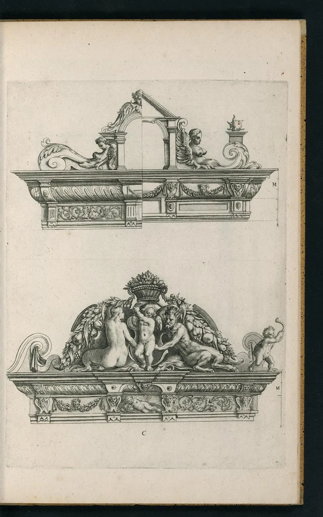 An illustration from Oficina arcvlaria : in qva svnt ad spectantia diuersa eximia exempla ex varijs autoribus collecta = Bovticqve menvserie : d'dens laquelle sont comprins les plus notable fondaments, non moins arichesse auecq des nouuelles inuentons = Schriner Laden : in wischem begriffen seyn vnderschadtliche schoene Fondamenten zu Nutz deren Const Liebhaberen = Schrinwerckers Winckel : waer in begrepen syn de principaelste stucken der schrenwerckers const, 1642, leaf 10