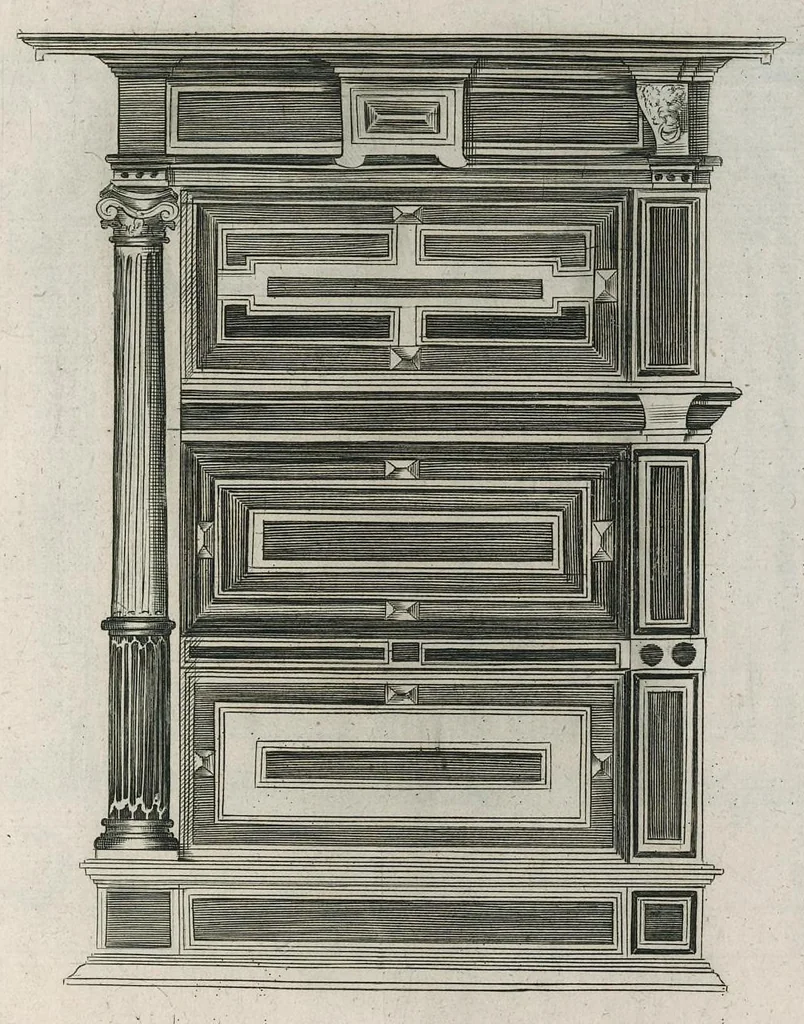 An illustration from Oficina arcvlaria : in qva svnt ad spectantia diuersa eximia exempla ex varijs autoribus collecta = Bovticqve menvserie : d'dens laquelle sont comprins les plus notable fondaments, non moins arichesse auecq des nouuelles inuentons = Schriner Laden : in wischem begriffen seyn vnderschadtliche schoene Fondamenten zu Nutz deren Const Liebhaberen = Schrinwerckers Winckel : waer in begrepen syn de principaelste stucken der schrenwerckers const, 1642, leaf 14