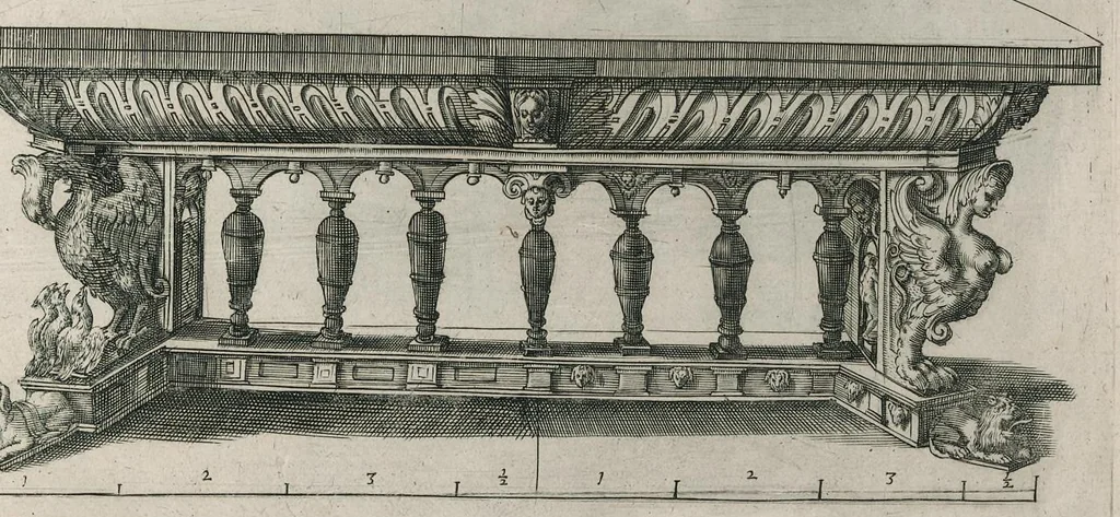 An illustration from Oficina arcvlaria : in qva svnt ad spectantia diuersa eximia exempla ex varijs autoribus collecta = Bovticqve menvserie : d'dens laquelle sont comprins les plus notable fondaments, non moins arichesse auecq des nouuelles inuentons = Schriner Laden : in wischem begriffen seyn vnderschadtliche schoene Fondamenten zu Nutz deren Const Liebhaberen = Schrinwerckers Winckel : waer in begrepen syn de principaelste stucken der schrenwerckers const, 1642, leaf 18