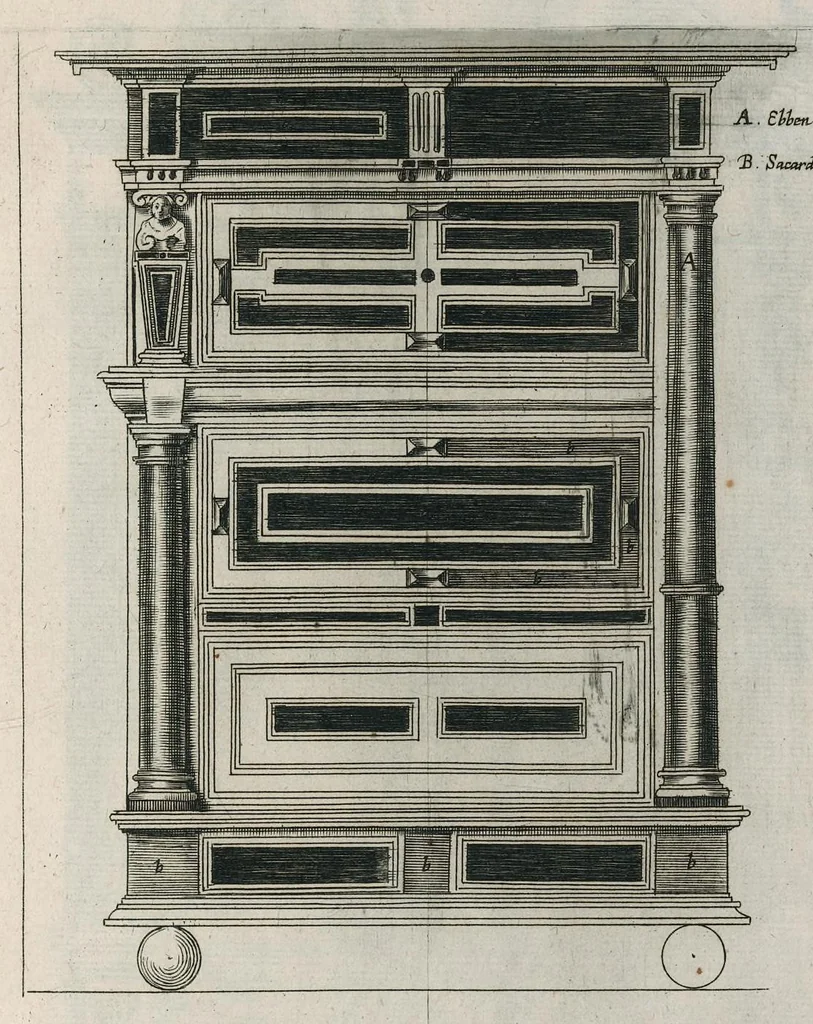 An illustration from Oficina arcvlaria : in qva svnt ad spectantia diuersa eximia exempla ex varijs autoribus collecta = Bovticqve menvserie : d'dens laquelle sont comprins les plus notable fondaments, non moins arichesse auecq des nouuelles inuentons = Schriner Laden : in wischem begriffen seyn vnderschadtliche schoene Fondamenten zu Nutz deren Const Liebhaberen = Schrinwerckers Winckel : waer in begrepen syn de principaelste stucken der schrenwerckers const, 1642, leaf 22