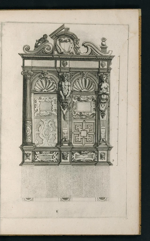 An illustration from Oficina arcvlaria : in qva svnt ad spectantia diuersa eximia exempla ex varijs autoribus collecta = Bovticqve menvserie : d'dens laquelle sont comprins les plus notable fondaments, non moins arichesse auecq des nouuelles inuentons = Schriner Laden : in wischem begriffen seyn vnderschadtliche schoene Fondamenten zu Nutz deren Const Liebhaberen = Schrinwerckers Winckel : waer in begrepen syn de principaelste stucken der schrenwerckers const, 1642, leaf 24