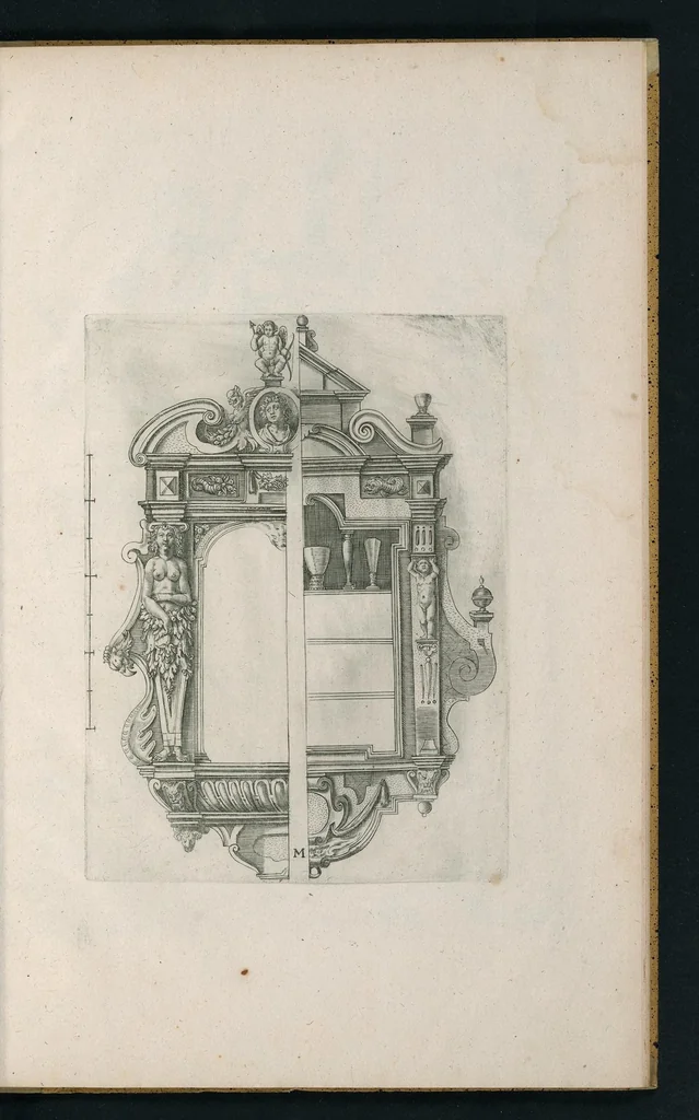 An illustration from Oficina arcvlaria : in qva svnt ad spectantia diuersa eximia exempla ex varijs autoribus collecta = Bovticqve menvserie : d'dens laquelle sont comprins les plus notable fondaments, non moins arichesse auecq des nouuelles inuentons = Schriner Laden : in wischem begriffen seyn vnderschadtliche schoene Fondamenten zu Nutz deren Const Liebhaberen = Schrinwerckers Winckel : waer in begrepen syn de principaelste stucken der schrenwerckers const, 1642, leaf 28
