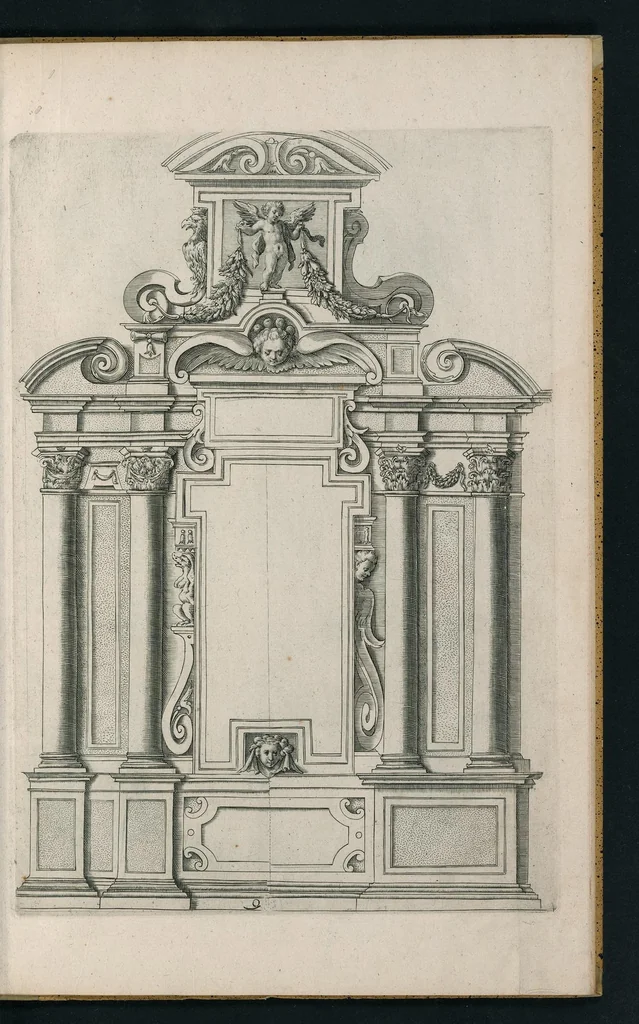 An illustration from Oficina arcvlaria : in qva svnt ad spectantia diuersa eximia exempla ex varijs autoribus collecta = Bovticqve menvserie : d'dens laquelle sont comprins les plus notable fondaments, non moins arichesse auecq des nouuelles inuentons = Schriner Laden : in wischem begriffen seyn vnderschadtliche schoene Fondamenten zu Nutz deren Const Liebhaberen = Schrinwerckers Winckel : waer in begrepen syn de principaelste stucken der schrenwerckers const, 1642, leaf 36