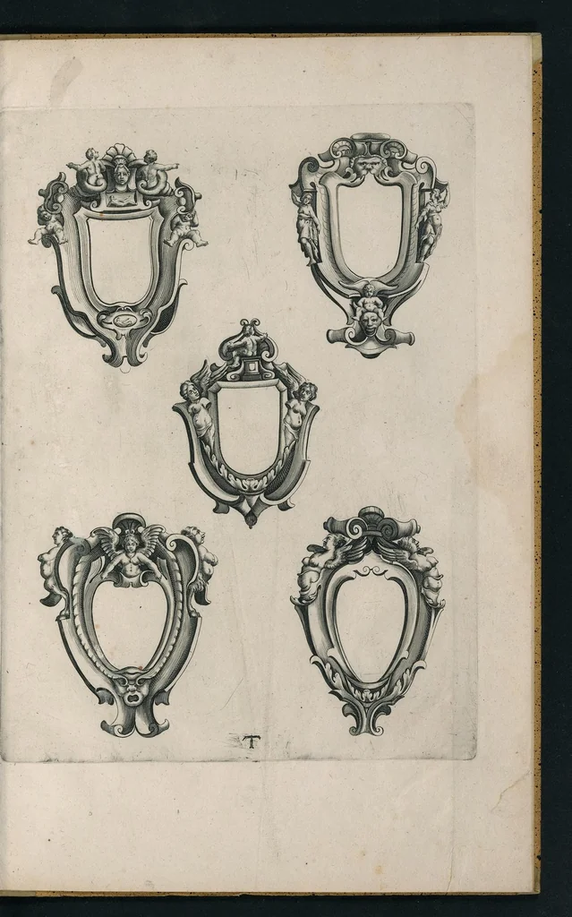 An illustration from Oficina arcvlaria : in qva svnt ad spectantia diuersa eximia exempla ex varijs autoribus collecta = Bovticqve menvserie : d'dens laquelle sont comprins les plus notable fondaments, non moins arichesse auecq des nouuelles inuentons = Schriner Laden : in wischem begriffen seyn vnderschadtliche schoene Fondamenten zu Nutz deren Const Liebhaberen = Schrinwerckers Winckel : waer in begrepen syn de principaelste stucken der schrenwerckers const, 1642, leaf 42