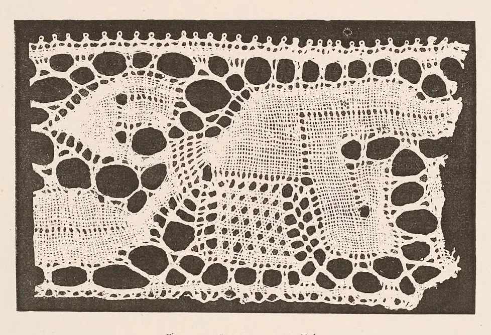 An illustration from La dentelle, histoire -- description -- fabrication -- bibliographie : ornée de cinquante planches phototypographiques fac-similé de dentelles de toutes les époques : passements aux fuseaux, points coupés à l'aiguille .. blondes, chantilly, etc., et de nombreuses gravures d'après les meilleurs maîtres des XVIe et XVIIe siècles, 1875, leaf 213