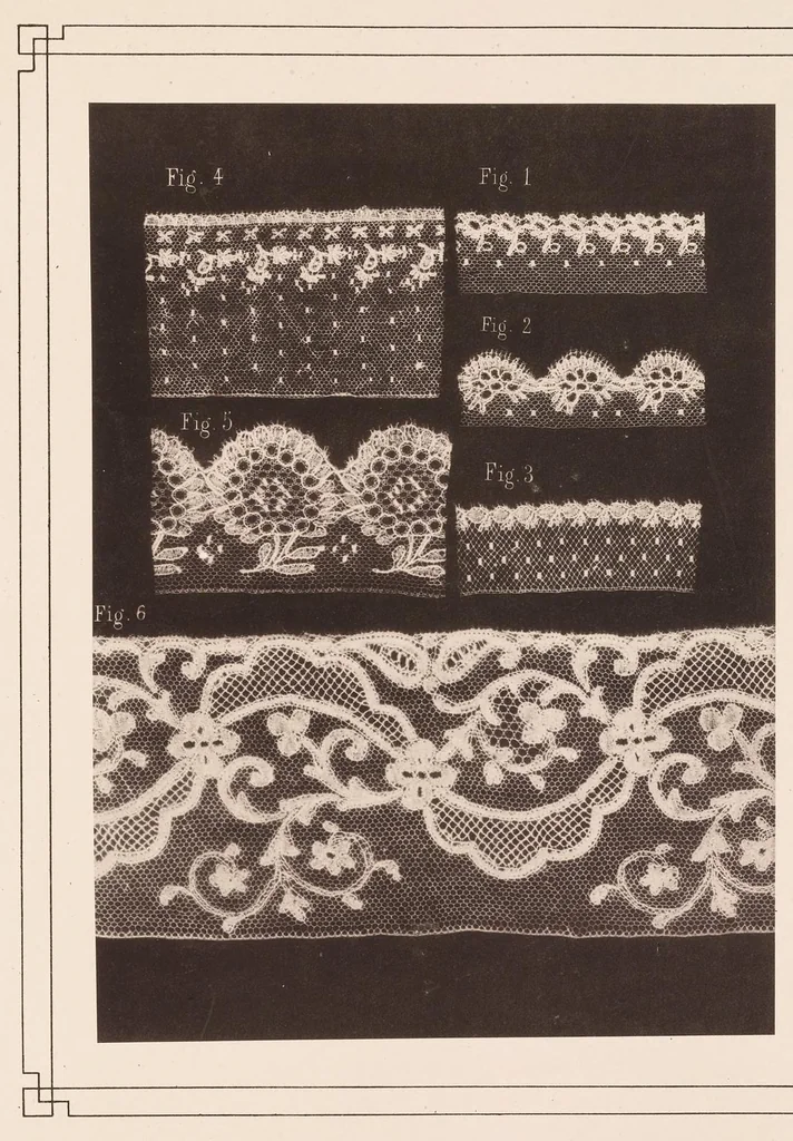 An illustration from La dentelle, histoire -- description -- fabrication -- bibliographie : ornée de cinquante planches phototypographiques fac-similé de dentelles de toutes les époques : passements aux fuseaux, points coupés à l'aiguille .. blondes, chantilly, etc., et de nombreuses gravures d'après les meilleurs maîtres des XVIe et XVIIe siècles, 1875, leaf 322