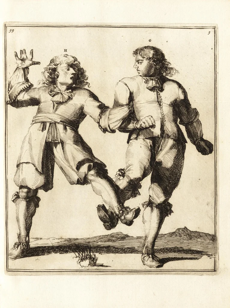 An illustration from L'academie de l'admirable art de la lutte : montrant d'une maniere très exacte non seulement la force extraordinaire de l'homme, mais aussi les mouvemens merveilleux, l'usage singulier, & les souplesses des principales parties ou membres du corps humain : avec une instruction claire & familiaire, comment on peut en toutes les occasions repousser sûrement & adroitement toutes sortes d'insultes & d'attaques, leaf 104