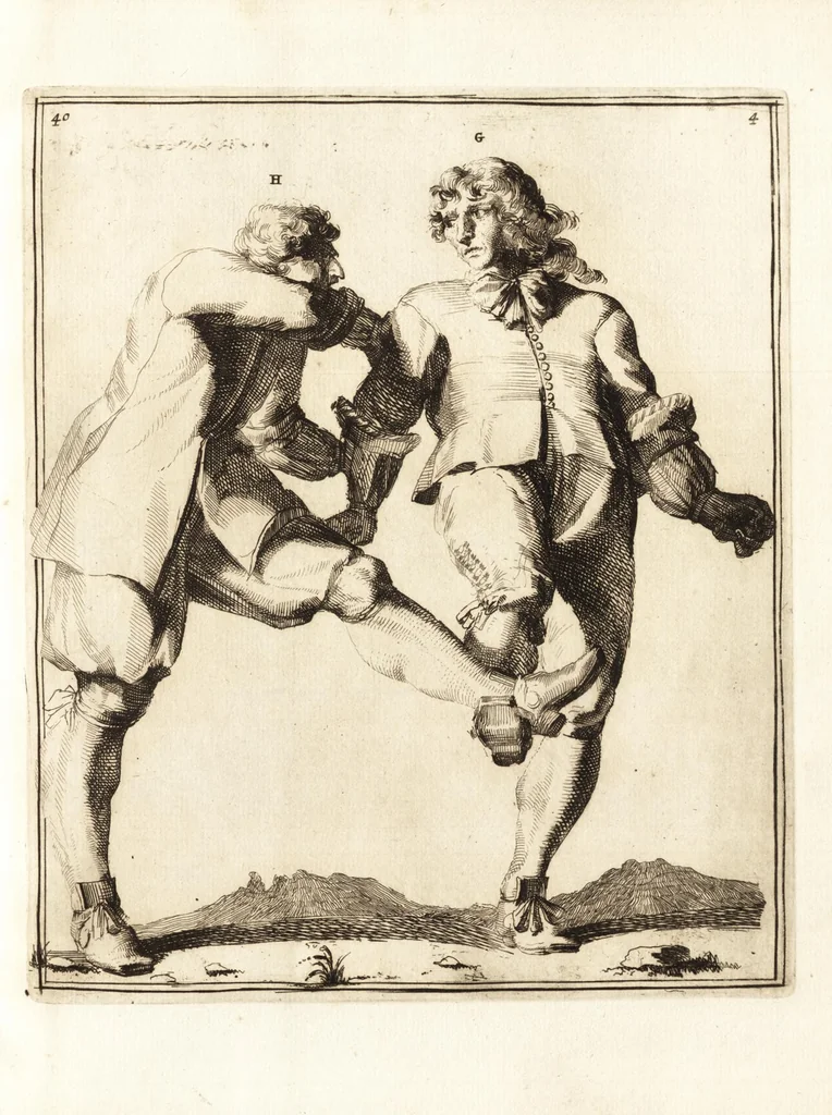An illustration from L'academie de l'admirable art de la lutte : montrant d'une maniere très exacte non seulement la force extraordinaire de l'homme, mais aussi les mouvemens merveilleux, l'usage singulier, & les souplesses des principales parties ou membres du corps humain : avec une instruction claire & familiaire, comment on peut en toutes les occasions repousser sûrement & adroitement toutes sortes d'insultes & d'attaques, leaf 106