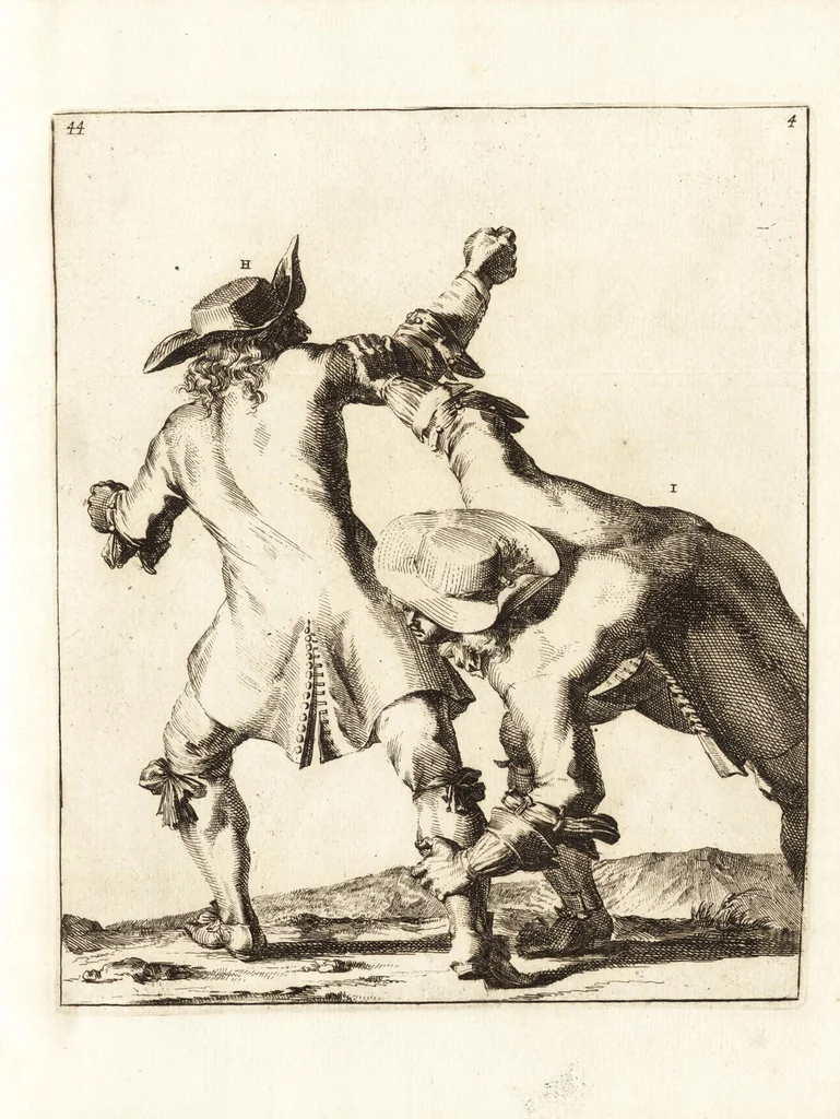 An illustration from L'academie de l'admirable art de la lutte : montrant d'une maniere très exacte non seulement la force extraordinaire de l'homme, mais aussi les mouvemens merveilleux, l'usage singulier, & les souplesses des principales parties ou membres du corps humain : avec une instruction claire & familiaire, comment on peut en toutes les occasions repousser sûrement & adroitement toutes sortes d'insultes & d'attaques, leaf 114