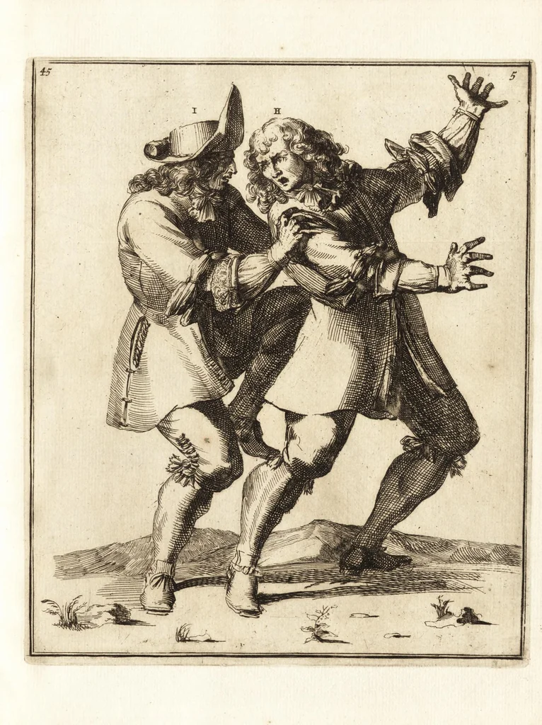 An illustration from L'academie de l'admirable art de la lutte : montrant d'une maniere très exacte non seulement la force extraordinaire de l'homme, mais aussi les mouvemens merveilleux, l'usage singulier, & les souplesses des principales parties ou membres du corps humain : avec une instruction claire & familiaire, comment on peut en toutes les occasions repousser sûrement & adroitement toutes sortes d'insultes & d'attaques, leaf 116