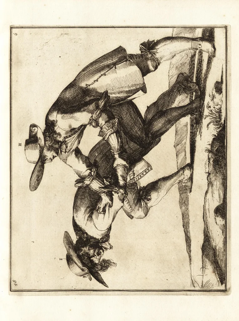An illustration from L'academie de l'admirable art de la lutte : montrant d'une maniere très exacte non seulement la force extraordinaire de l'homme, mais aussi les mouvemens merveilleux, l'usage singulier, & les souplesses des principales parties ou membres du corps humain : avec une instruction claire & familiaire, comment on peut en toutes les occasions repousser sûrement & adroitement toutes sortes d'insultes & d'attaques, leaf 118