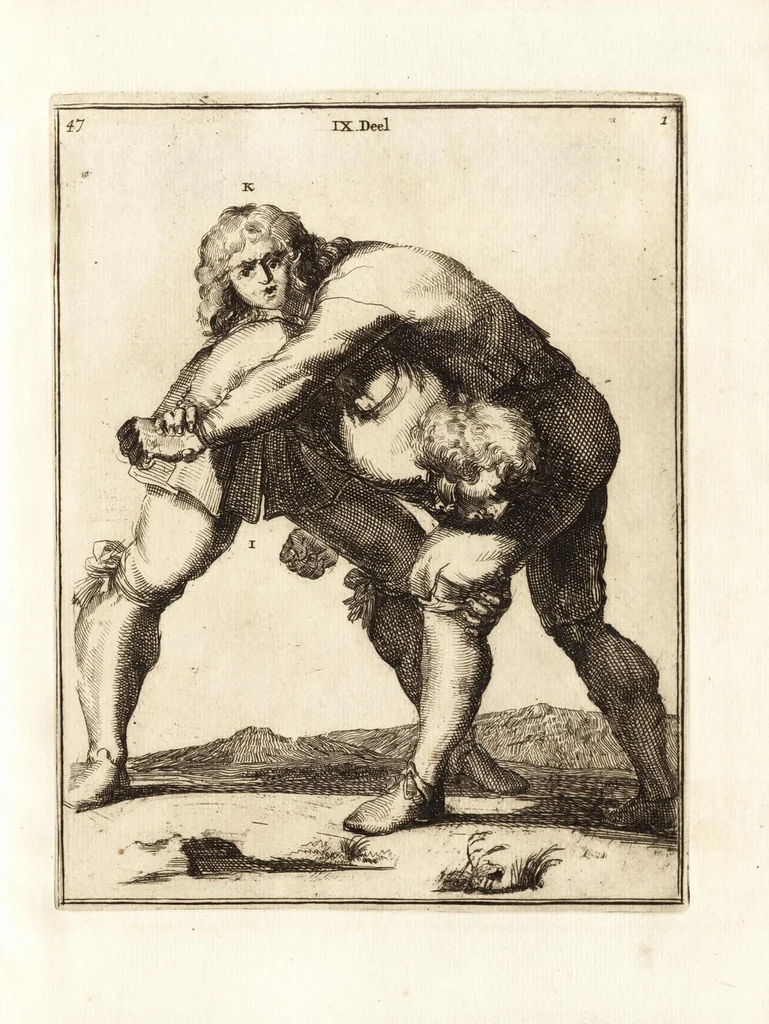 An illustration from L'academie de l'admirable art de la lutte : montrant d'une maniere très exacte non seulement la force extraordinaire de l'homme, mais aussi les mouvemens merveilleux, l'usage singulier, & les souplesses des principales parties ou membres du corps humain : avec une instruction claire & familiaire, comment on peut en toutes les occasions repousser sûrement & adroitement toutes sortes d'insultes & d'attaques, leaf 120