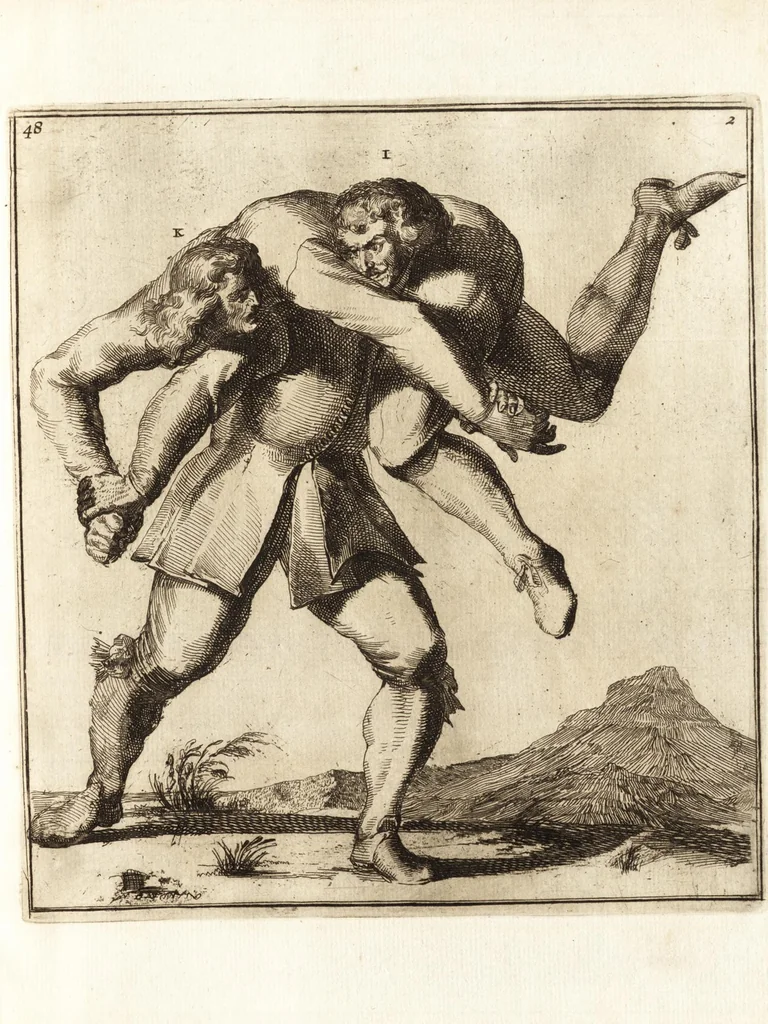 An illustration from L'academie de l'admirable art de la lutte : montrant d'une maniere très exacte non seulement la force extraordinaire de l'homme, mais aussi les mouvemens merveilleux, l'usage singulier, & les souplesses des principales parties ou membres du corps humain : avec une instruction claire & familiaire, comment on peut en toutes les occasions repousser sûrement & adroitement toutes sortes d'insultes & d'attaques, leaf 122