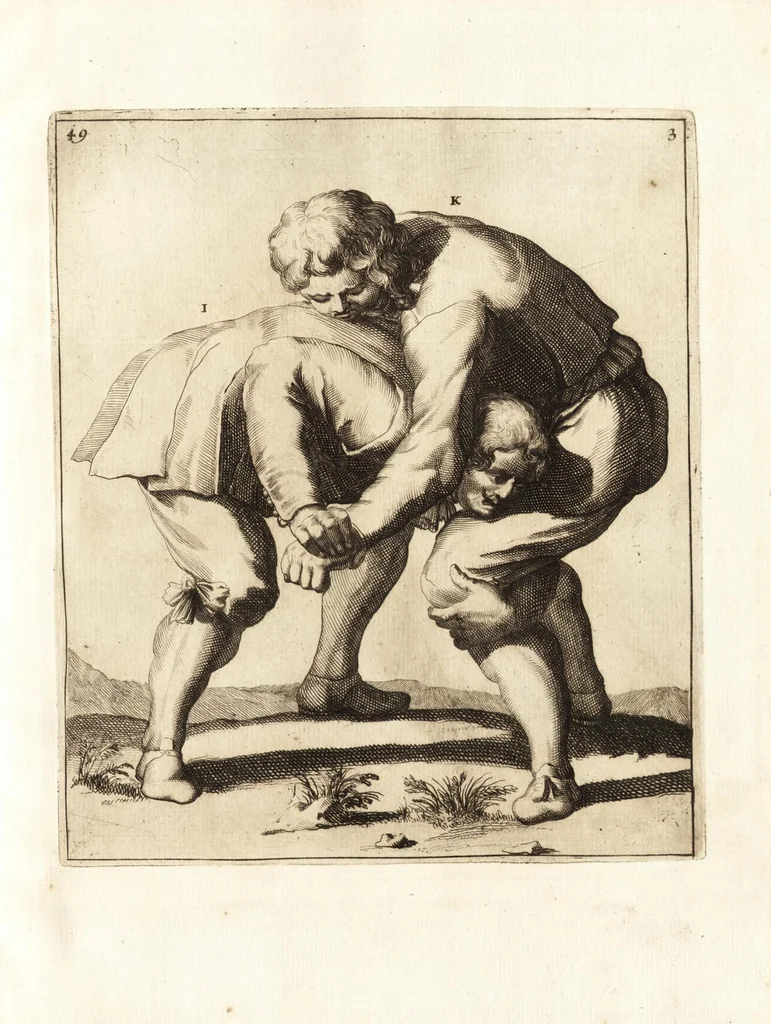 An illustration from L'academie de l'admirable art de la lutte : montrant d'une maniere très exacte non seulement la force extraordinaire de l'homme, mais aussi les mouvemens merveilleux, l'usage singulier, & les souplesses des principales parties ou membres du corps humain : avec une instruction claire & familiaire, comment on peut en toutes les occasions repousser sûrement & adroitement toutes sortes d'insultes & d'attaques, leaf 124