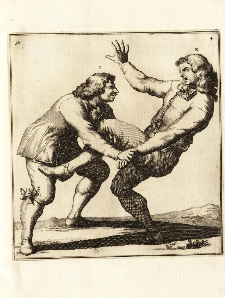 An illustration from L'academie de l'admirable art de la lutte : montrant d'une maniere très exacte non seulement la force extraordinaire de l'homme, mais aussi les mouvemens merveilleux, l'usage singulier, & les souplesses des principales parties ou membres du corps humain : avec une instruction claire & familiaire, comment on peut en toutes les occasions repousser sûrement & adroitement toutes sortes d'insultes & d'attaques, leaf 126