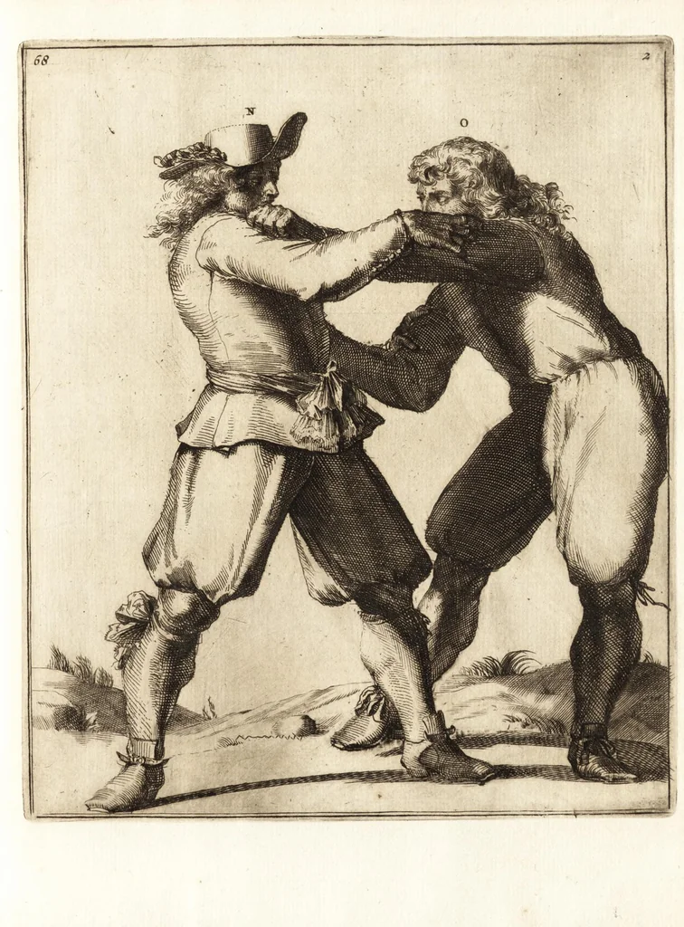 An illustration from L'academie de l'admirable art de la lutte : montrant d'une maniere très exacte non seulement la force extraordinaire de l'homme, mais aussi les mouvemens merveilleux, l'usage singulier, & les souplesses des principales parties ou membres du corps humain : avec une instruction claire & familiaire, comment on peut en toutes les occasions repousser sûrement & adroitement toutes sortes d'insultes & d'attaques, leaf 162
