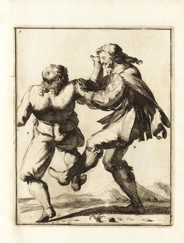 An illustration from L'academie de l'admirable art de la lutte : montrant d'une maniere très exacte non seulement la force extraordinaire de l'homme, mais aussi les mouvemens merveilleux, l'usage singulier, & les souplesses des principales parties ou membres du corps humain : avec une instruction claire & familiaire, comment on peut en toutes les occasions repousser sûrement & adroitement toutes sortes d'insultes & d'attaques, leaf 32