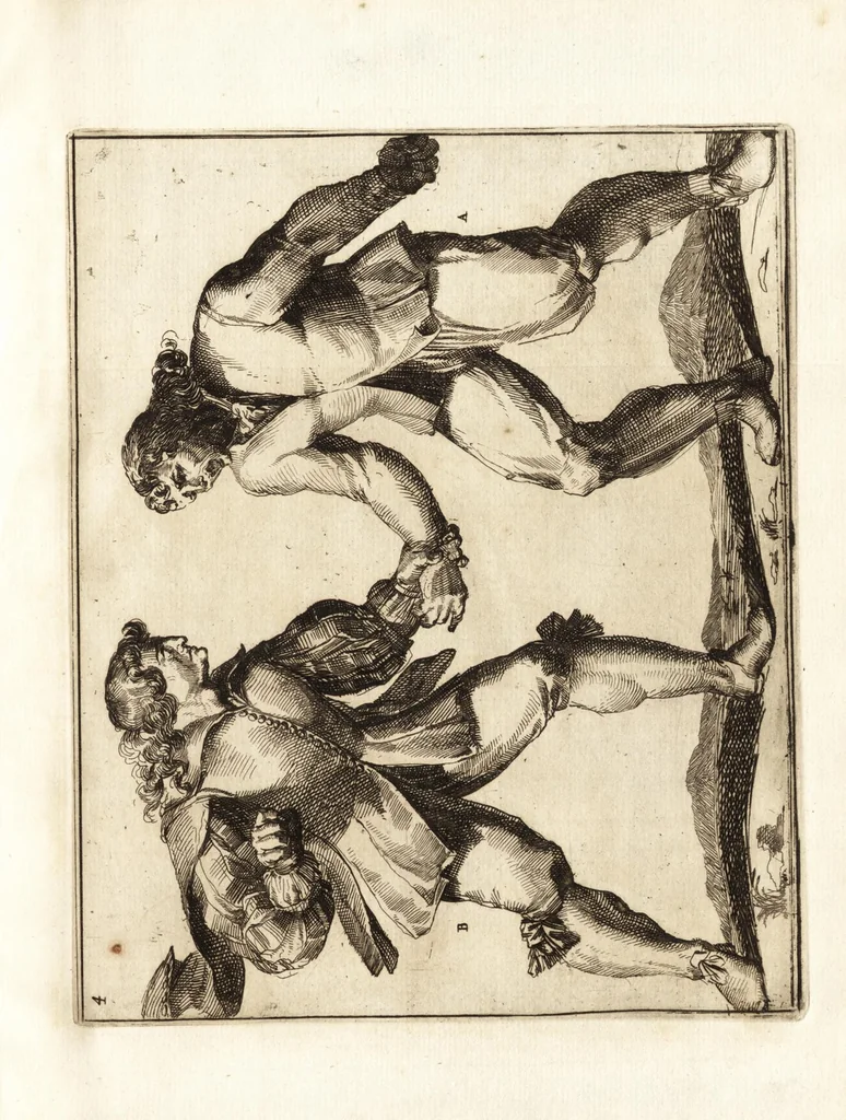 An illustration from L'academie de l'admirable art de la lutte : montrant d'une maniere très exacte non seulement la force extraordinaire de l'homme, mais aussi les mouvemens merveilleux, l'usage singulier, & les souplesses des principales parties ou membres du corps humain : avec une instruction claire & familiaire, comment on peut en toutes les occasions repousser sûrement & adroitement toutes sortes d'insultes & d'attaques, leaf 34
