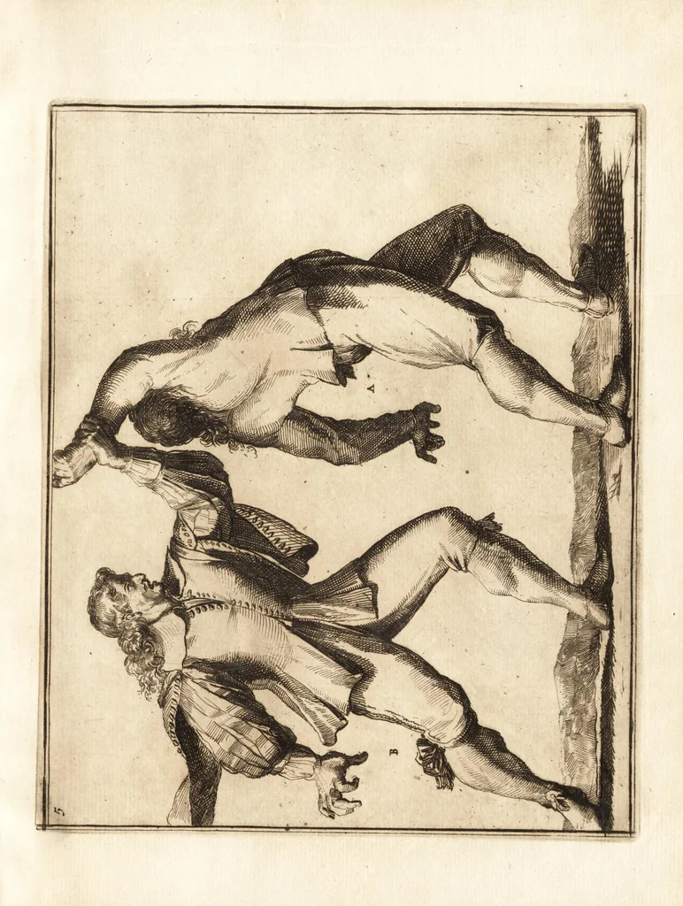 An illustration from L'academie de l'admirable art de la lutte : montrant d'une maniere très exacte non seulement la force extraordinaire de l'homme, mais aussi les mouvemens merveilleux, l'usage singulier, & les souplesses des principales parties ou membres du corps humain : avec une instruction claire & familiaire, comment on peut en toutes les occasions repousser sûrement & adroitement toutes sortes d'insultes & d'attaques, leaf 36